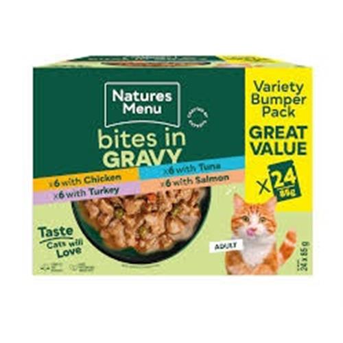 Natures Menu Adult Cat Bites in Gravy Variety Pack 24 Pouches x 85g Image 1